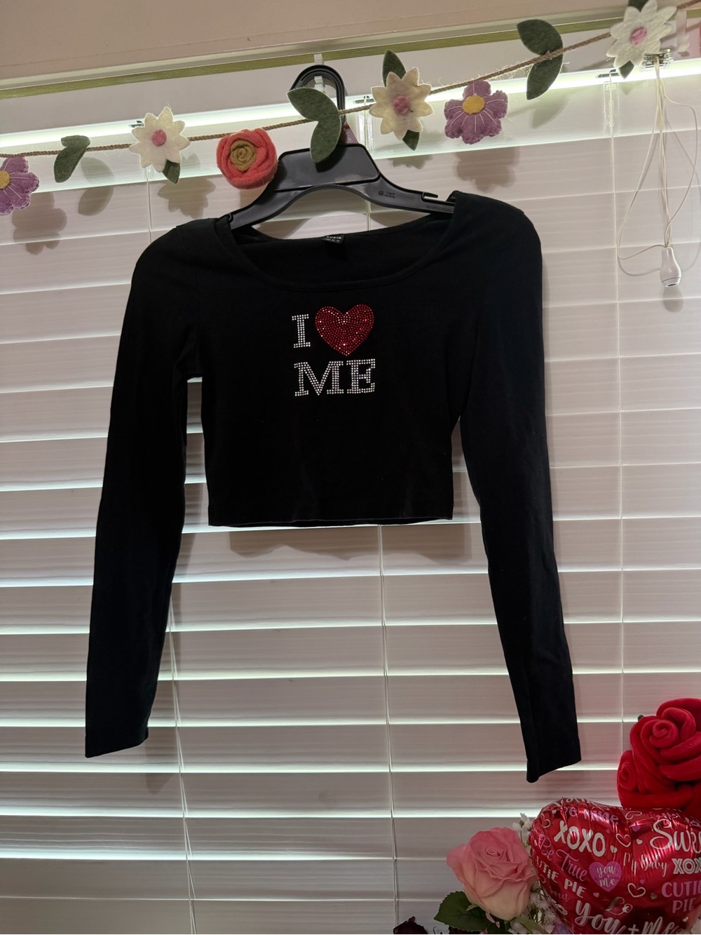 SHEIN Black Long Sleeve Crop Tee with Red Heart "I ♥ ME"